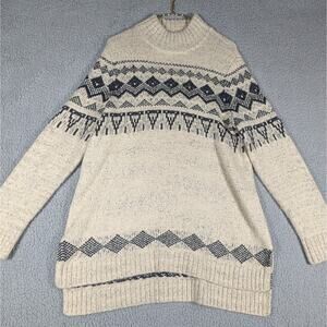 LL Bean Signature Sweater Womens Large Cream Gray Fair Isle Knit Pullover Warm